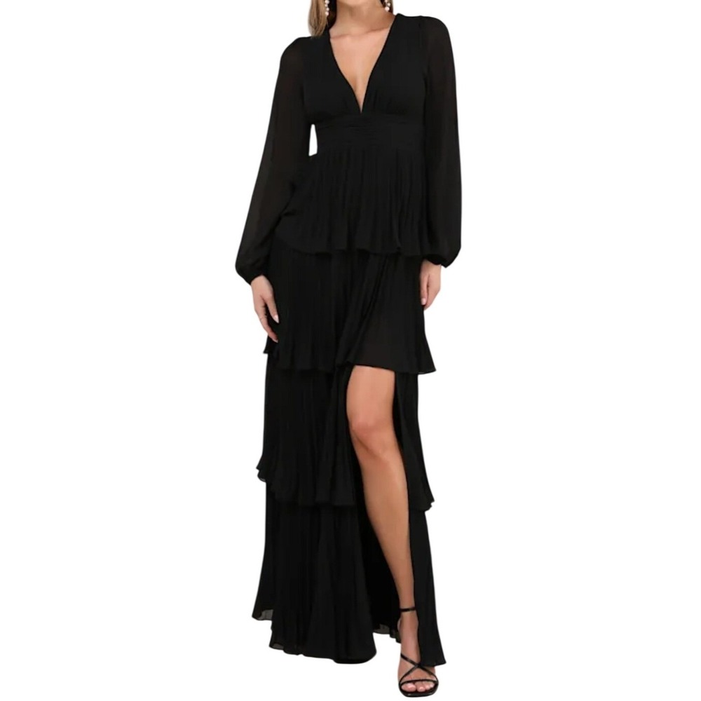 NEW Lulus Graceful Finesse Black Pleated Long Sleeve Maxi Dress 1X Formal Party